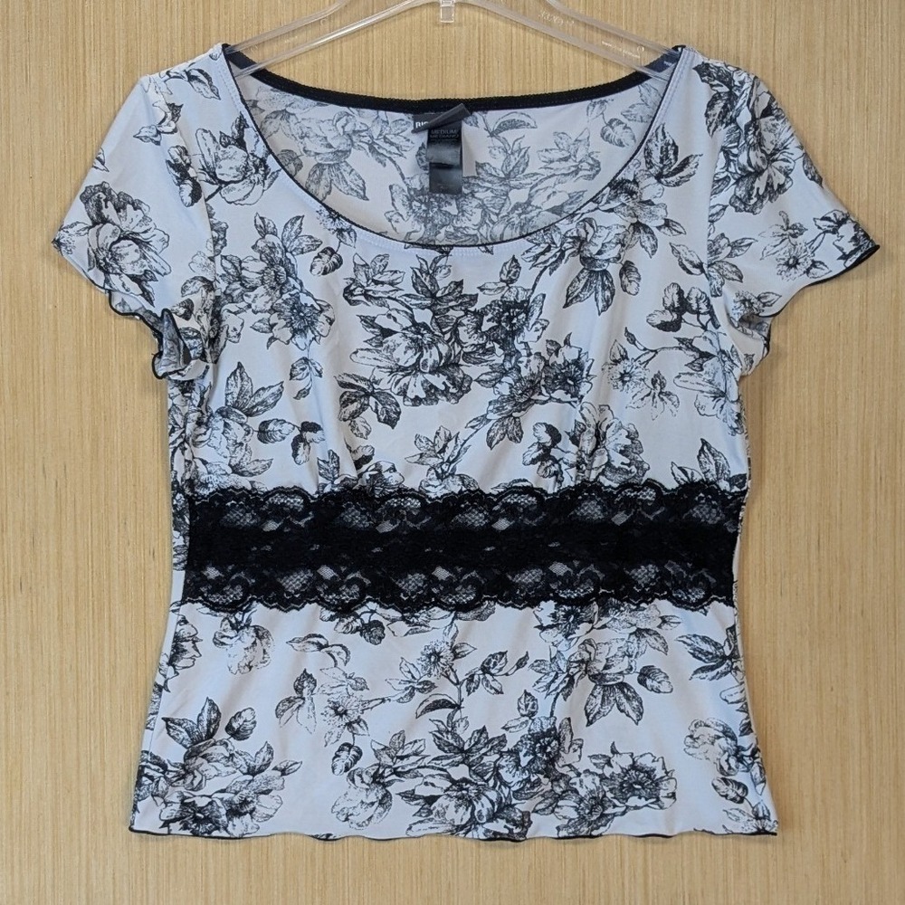 Bisou Bisou Y2K Dark Floral Lace Cottage Romantic‎ Top Womens Medium Stretch